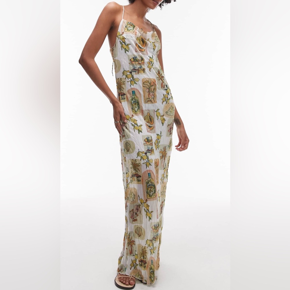 TOPSHOP Crinkle Cowl Neck Postcard Floral Print Maxi Dress